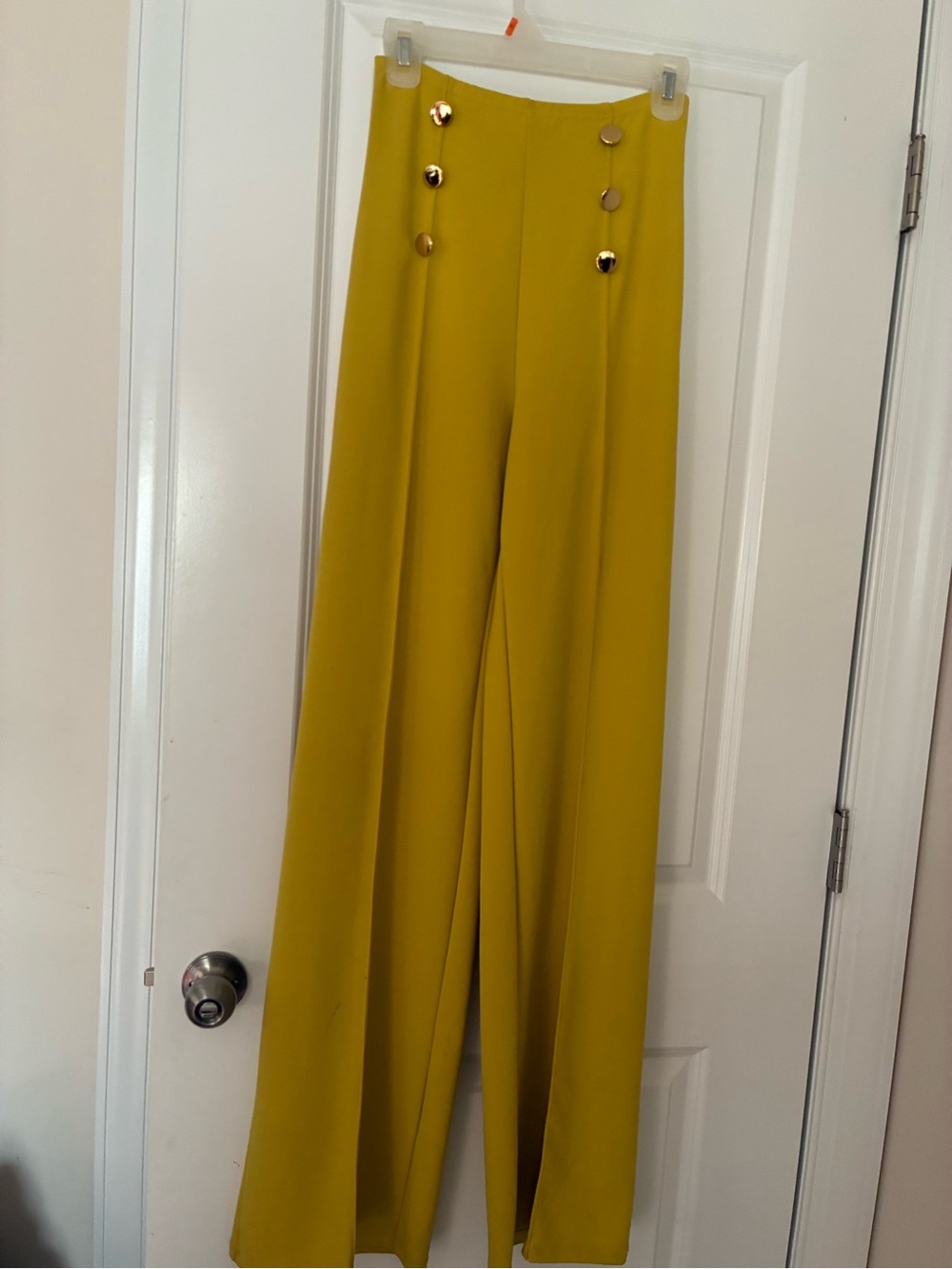 High-Waist Wide-Leg Pants with Gold Buttons - Yellow
